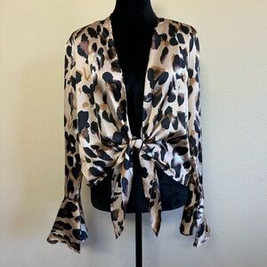 Missguided top women 4 long sleeve flounce tie front cheetah print satin brown